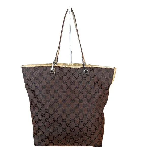 Authentic Gucci Tote Bag Brown Canvas Used GG Handbag Vintage - Picture 2 of 14